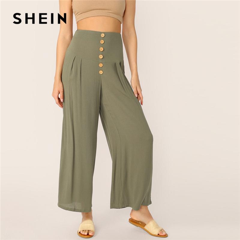 SHEIN Boho Green Buttoned Wide Waistband Pleated Palazzo Pants