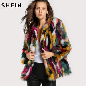 SHEIN Women Elegant Fur Coats Colorful Faux Fur Coat Multicolor Long Sleeve Collarless Casual Woman Winter Fur Coats