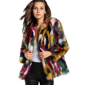 SHEIN Women Elegant Fur Coats Colorful Faux Fur Coat Multicolor Long Sleeve Collarless Casual Woman Winter Fur Coats