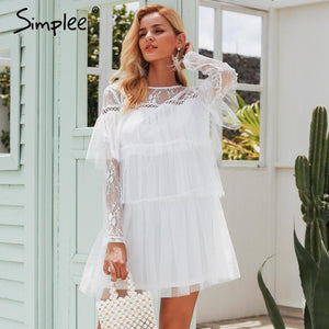 Simplee Elegant multi-layer lace mesh dress Hollow out long sleeve pleated cake dresses Women autumn winter white dress vestidos