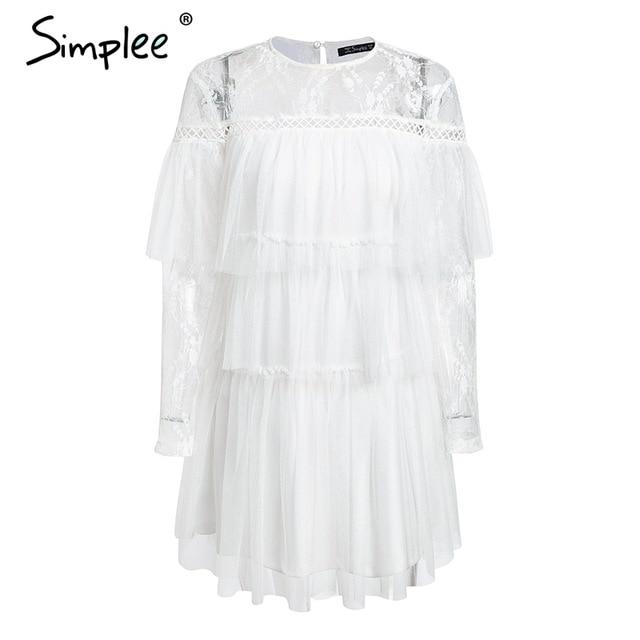 Simplee Elegant multi-layer lace mesh dress Hollow out long sleeve pleated cake dresses Women autumn winter white dress vestidos