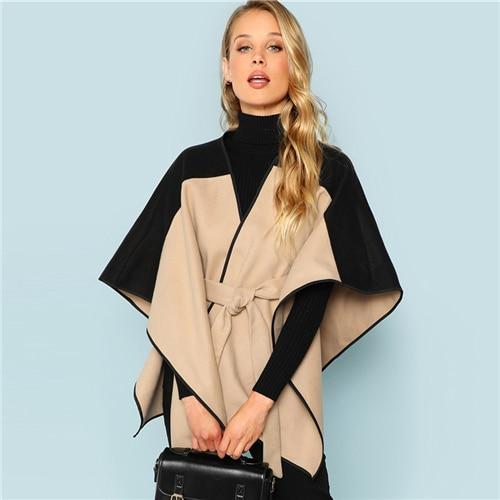 SHEIN Khaki Cut and Sew Lace Up Coat Elegant 3/4 Sleeve Belted Outer Coats Women Autumn Modern Lady Highstreet Fashion Coats