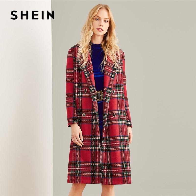 SHEIN Multicolor Double Breasted Waterfall Plaid Longline Coat Elegant Pocket Knee Length Outerwear Women Autumn Trench Coats