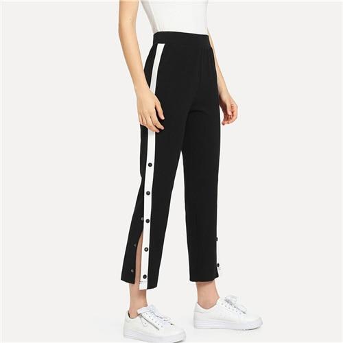 SHEIN Black Colorblock Contrast Snap Button Side Pants Casual High Waist  Crop Trousers Women Autumn Stretchy Athleisure Pants