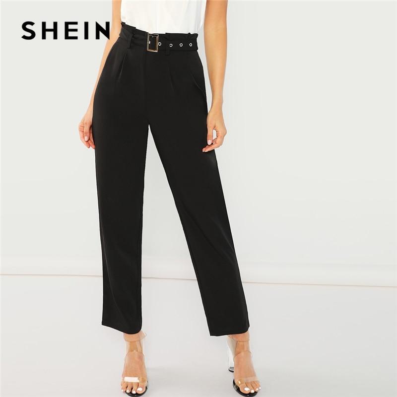 SHEIN Black Elegant Office Lady Pleated Tailored Buckle Belted Solid Minimalist Pants 2018 Autumn Casual Workwear Trousers