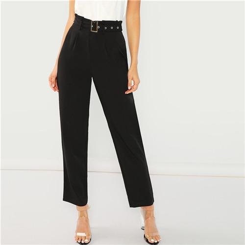 SHEIN Black Elegant Office Lady Pleated Tailored Buckle Belted Solid Minimalist Pants 2018 Autumn Casual Workwear Trousers