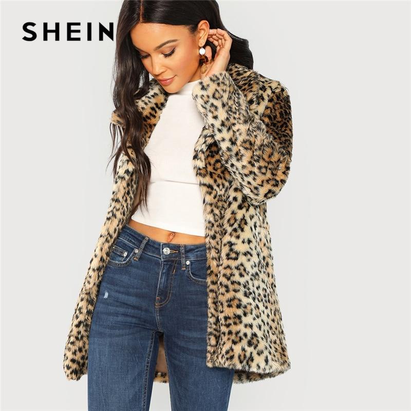 SHEIN Multicolor Elegant Highstreet Leopard Print Stand Collar Fuzzy Coat 2018 Autumn Office Lady Women Coats And Outerwear