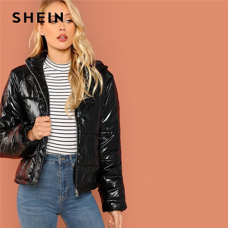 SHEIN Black Minimalist Casual Hooded Solid Zip Up Puffer Coats 2018 Autumn Winter Going Out Thermal Padded Coat Outerwear