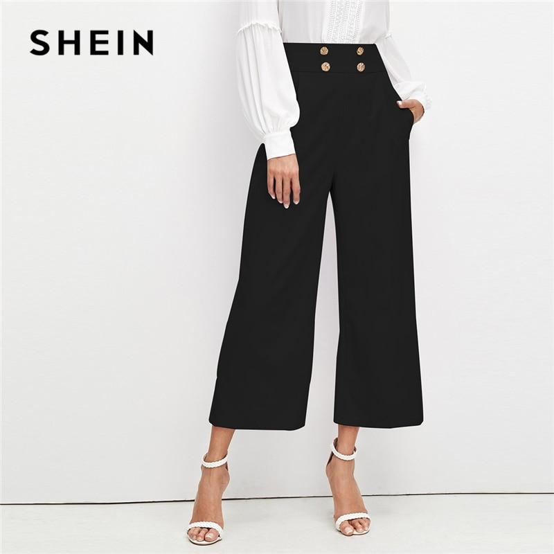 SHEIN Black Office Lady Solid Double Breasted Embellished Slant Pocket Wide Leg Pants Autumn Elegant Workwear Women Trousers