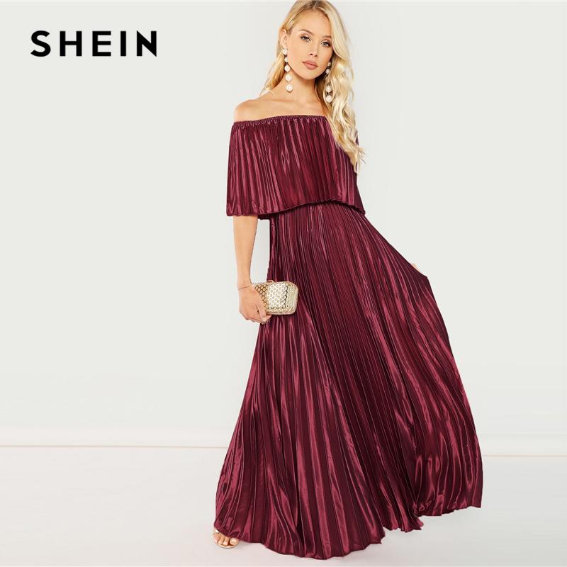 SHEIN Burgundy Flounce Foldover Front Off Shoulder Pleated A Line Solid Elegant Autumn Modern Lady Women Maxi Party Dresses