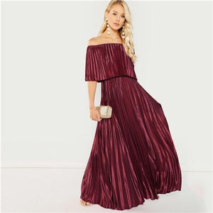 SHEIN Burgundy Flounce Foldover Front Off Shoulder Pleated A Line Solid Elegant Autumn Modern Lady Women Maxi Party Dresses