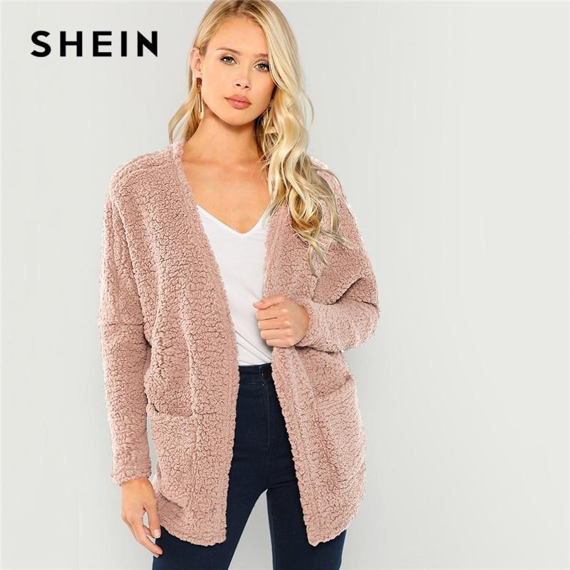 SHEIN Pink Patch Pocket Open-Front Teddy Coat Plain Long Sleeve Outerwear 2018 Modern Lady Winter Faux Fur Coat Women Coats