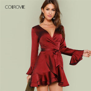 COLROVIE Burgundy V-Neck Ruffle Belted Cut Out Christmas Party Dress Women 2018 Autumn Long Sleeve Sweet Sexy Dress Mini Dresses