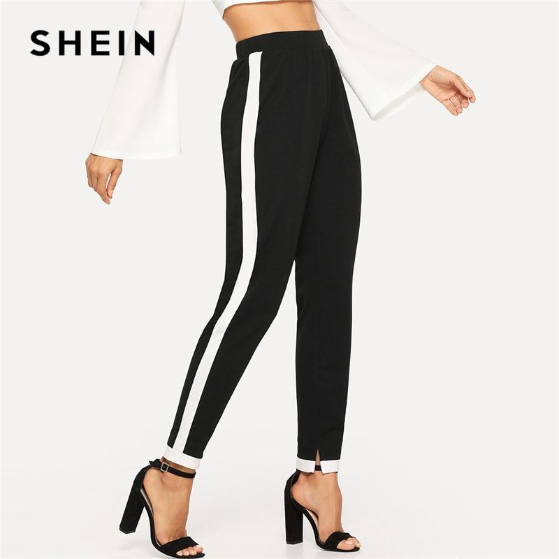 SHEIN Black Morden Lady Contrast Trim Split Hem Elastic Waist Mid Waist Carrot Pants 2018 Autumn Casual Workwear Trousers