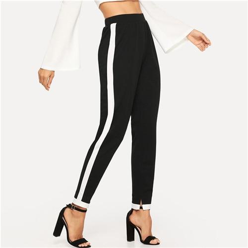 SHEIN Black Morden Lady Contrast Trim Split Hem Elastic Waist Mid Waist Carrot Pants 2018 Autumn Casual Workwear Trousers