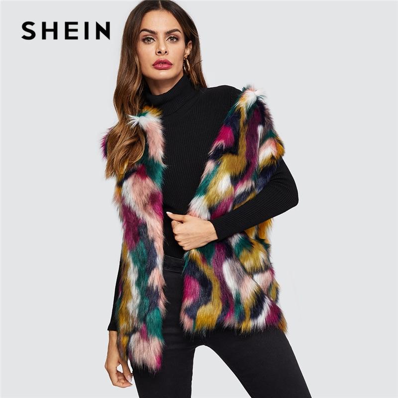 SHEIN Open Front Colorful Faux Fur Wide Waist Vest Fashion Multicolor High street Sleeveless Coat Winter Women Vests Outerwear