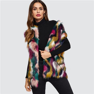 SHEIN Open Front Colorful Faux Fur Wide Waist Vest Fashion Multicolor High street Sleeveless Coat Winter Women Vests Outerwear