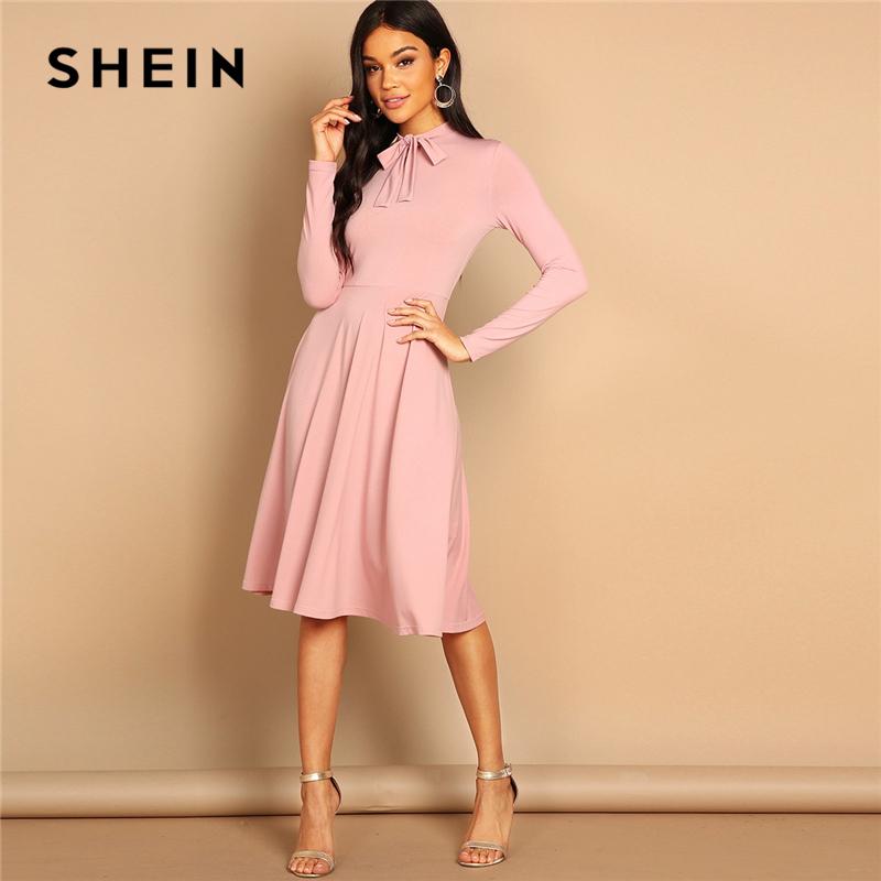 SHEIN Pink Bow Tie Neck Solid Flowy Slim Fit Dress Elegant Office Lady Turtleneck Knee Length Long Sleeve Spring Women Dresses