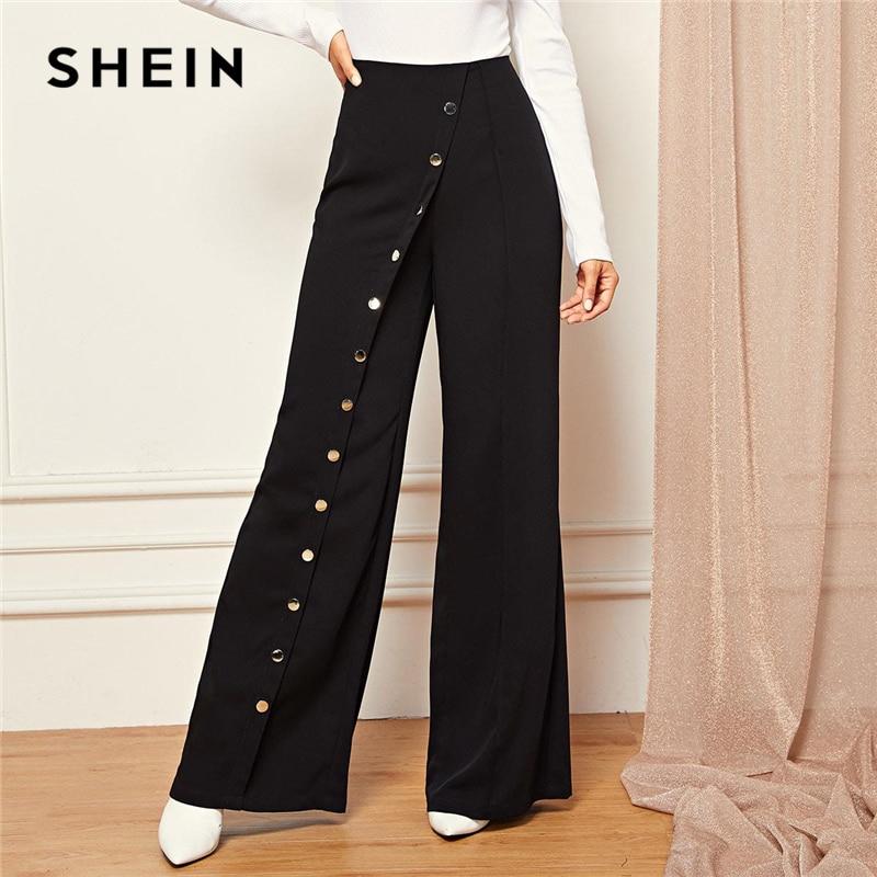 SHEIN Black Office Lady Snap Button Front Wide Leg Pants Full Length Solid Pants Women 2019 Spring Casual Workwear Trousers