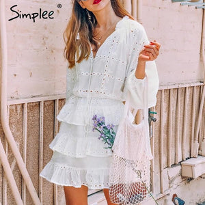 Simplee Elegant hollow out white dress women 2018 Summer embroidery ruffles lace up dresses Casual streetwear bodycon dress