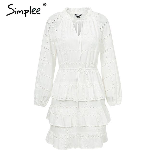 Simplee Elegant hollow out white dress women 2018 Summer embroidery ruffles lace up dresses Casual streetwear bodycon dress