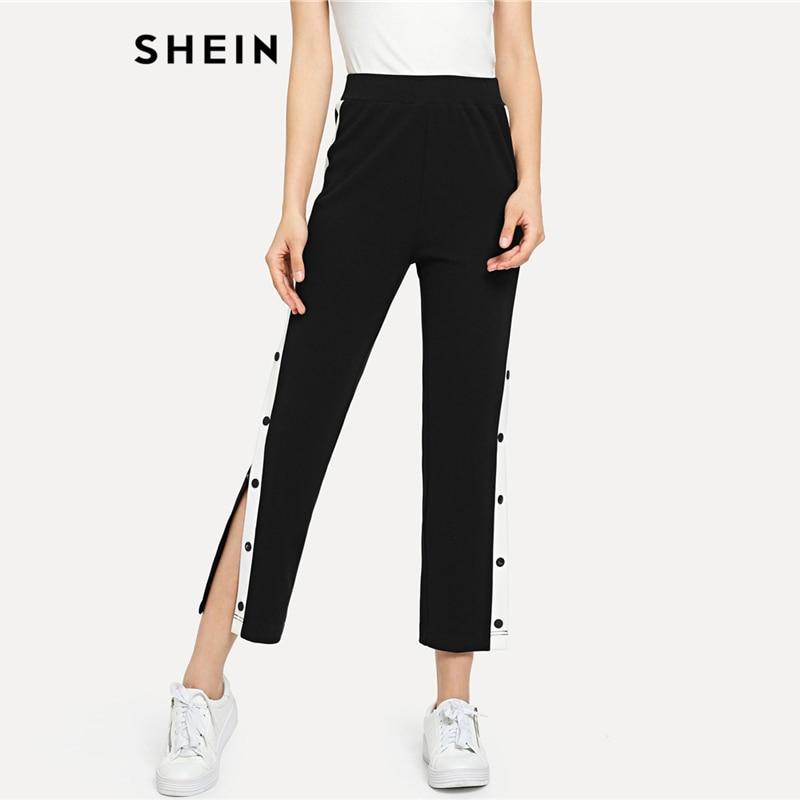 SHEIN Black Colorblock Contrast Snap Button Side Pants Casual High Waist Crop Trousers Women Autumn Stretchy Athleisure Pants