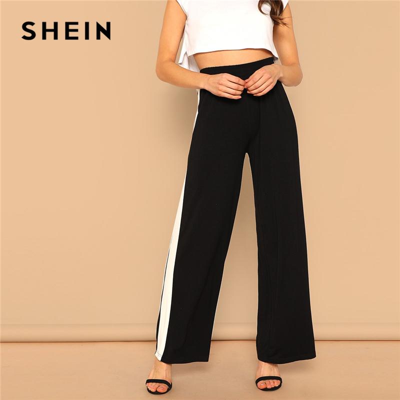 SHEIN Black High Waist Contrast Panel Wide Leg Pants Women Preppy Leisure Solid Long Trousers 2019 Spring Casual Workwear Pants