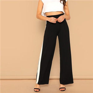 SHEIN Black High Waist Contrast Panel Wide Leg Pants Women Preppy Leisure Solid Long Trousers 2019 Spring Casual Workwear Pants