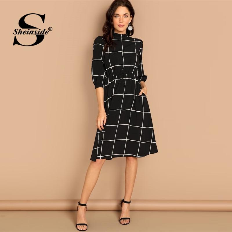 Sheinside Black Casual Plaid Ruff Collar Straight Dress Women 3/4 Length Sleeve Dress 2019 Spring Elegant Workwear Midi Dresses