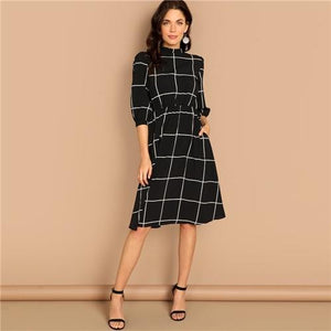 Sheinside Black Casual Plaid Ruff Collar Straight Dress Women 3/4 Length Sleeve Dress 2019 Spring Elegant Workwear Midi Dresses