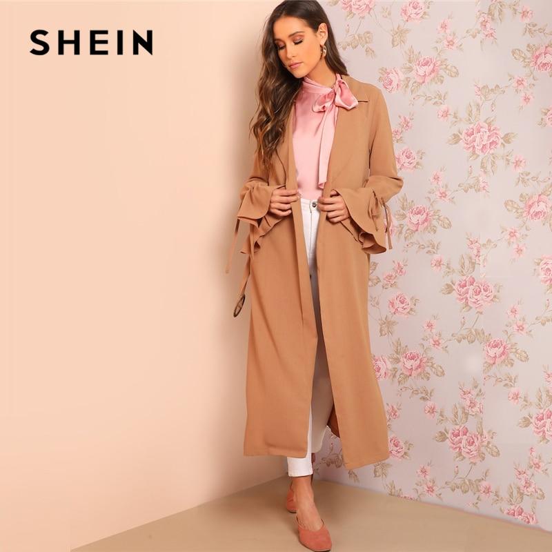 SHEIN Camel Knot Flounce Sleeve Open Front Longline Coat Women Elegant Spring Plain Notched Belted Drawstring Trench Outerwear