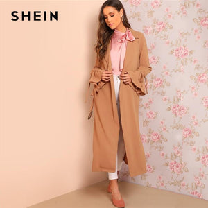 SHEIN Camel Knot Flounce Sleeve Open Front Longline Coat Women Elegant Spring Plain Notched Belted Drawstring Trench Outerwear