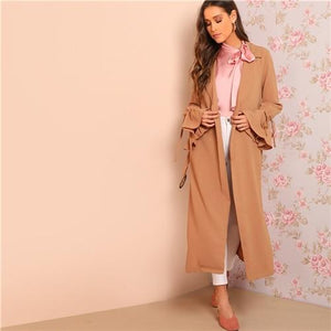 SHEIN Camel Knot Flounce Sleeve Open Front Longline Coat Women Elegant Spring Plain Notched Belted Drawstring Trench Outerwear