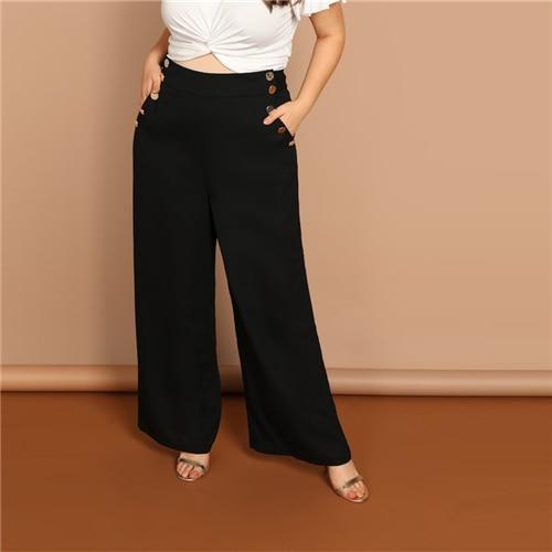 SHEIN Black Plus Button Detail Slant Pocket Palazzo Plain Wide Leg Pants Women Office Lady 2019 Fashion Solid Trousers