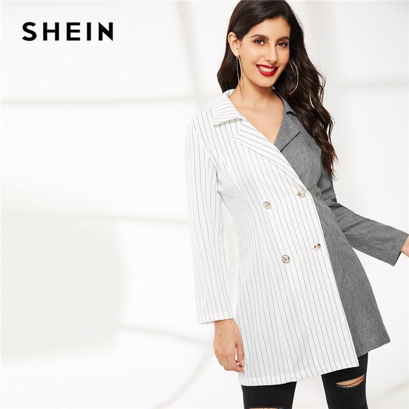 SHEIN Color-block Two Tone Double Breasted Notched Collar Striped Coat Women Long Sleeve Outerwear Spring Office Lady Long Coats