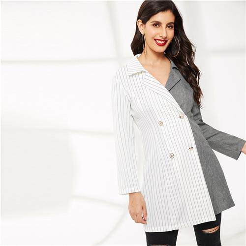 SHEIN Color-block Two Tone Double Breasted Notched Collar Striped Coat Women Long Sleeve Outerwear Spring Office Lady Long Coats