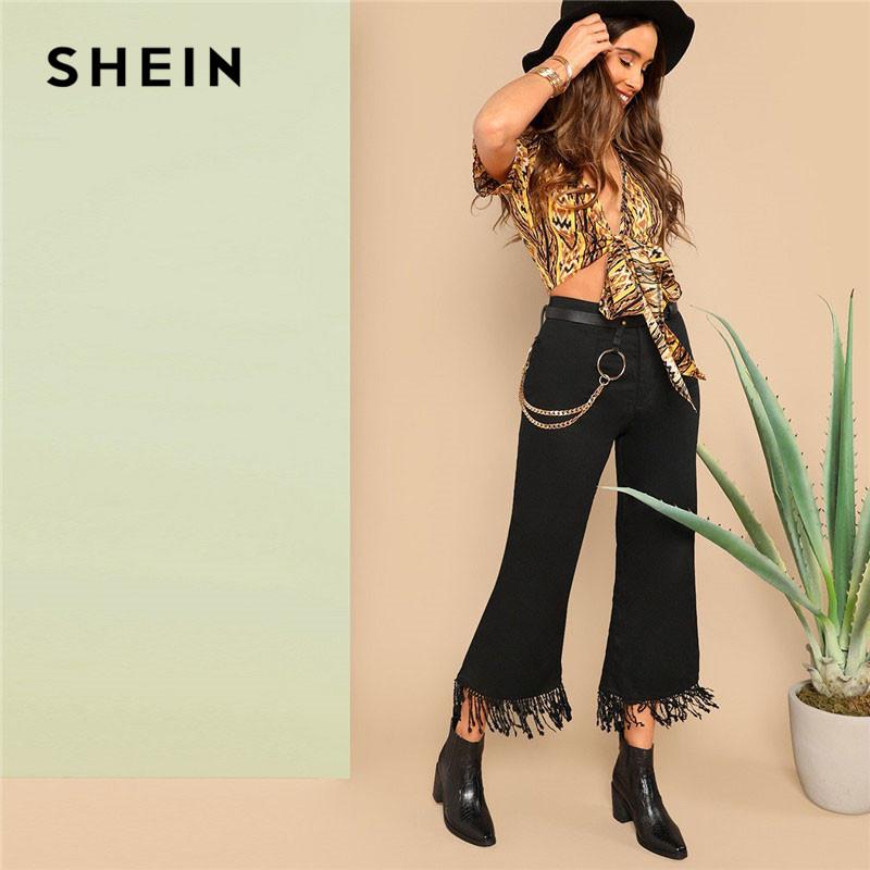 SHEIN Black Casual Fringe Detail Solid Flare Pants Spring Vintage Ladies Streetwear Zipper Fly Mid Waist Women Trousers