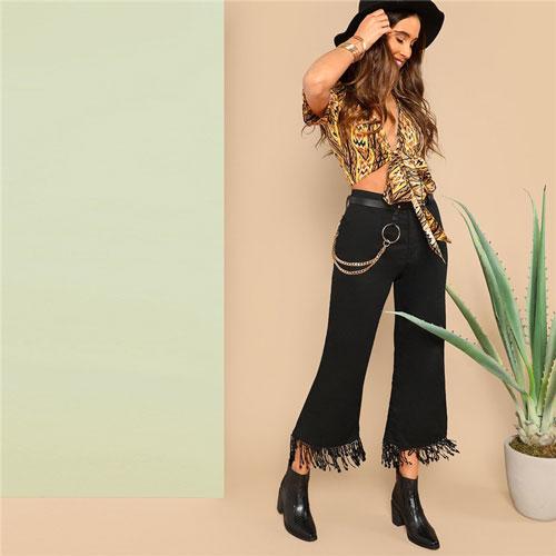 SHEIN Black Casual Fringe Detail Solid Flare Pants Spring Vintage Ladies Streetwear Zipper Fly Mid Waist Women Trousers