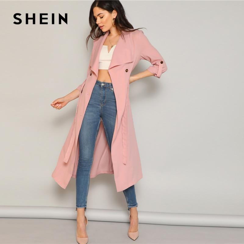 SHEIN Pastel Pink Draped Collar Rolled Tab Sleeve Trench Coat Women Double Buttoned Outerwear Spring 2019 Elegant Long Coats