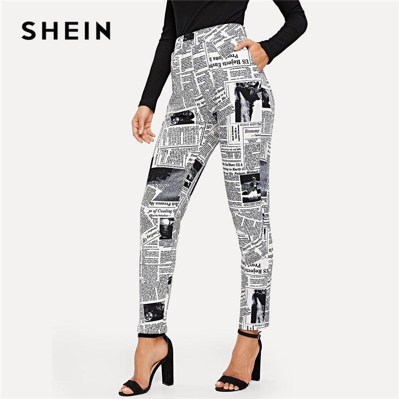 SHEIN Black and White Newspaper Print Slant Pocket Skinny Pants Women Casual High Waist Trousers Spring High Street Pencil Pants