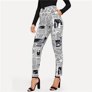 SHEIN Black and White Newspaper Print Slant Pocket Skinny Pants Women Casual High Waist Trousers Spring High Street Pencil Pants