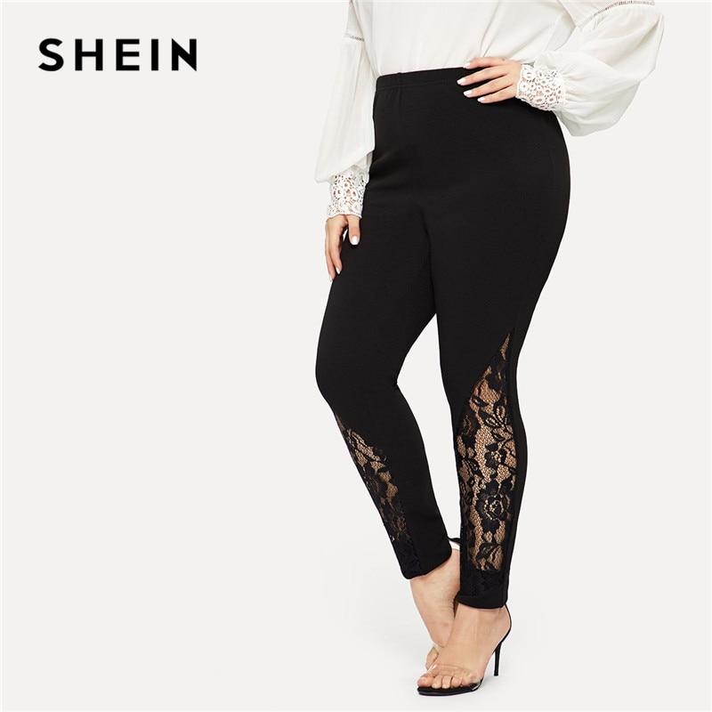 SHEIN Black Casual Elastic Mid Waist Sheer Lace Insert Pencil Pants Plus Size Women Slim Fit Skinny Trousers