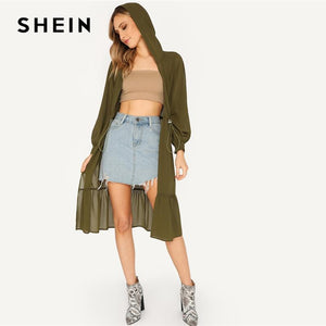 SHEIN Drawstring Waist Ruffle Hem Hoodie Coat Casual 2019 Spring Long Sleeve Modern Lady Women Coat Knee Length Outerwear