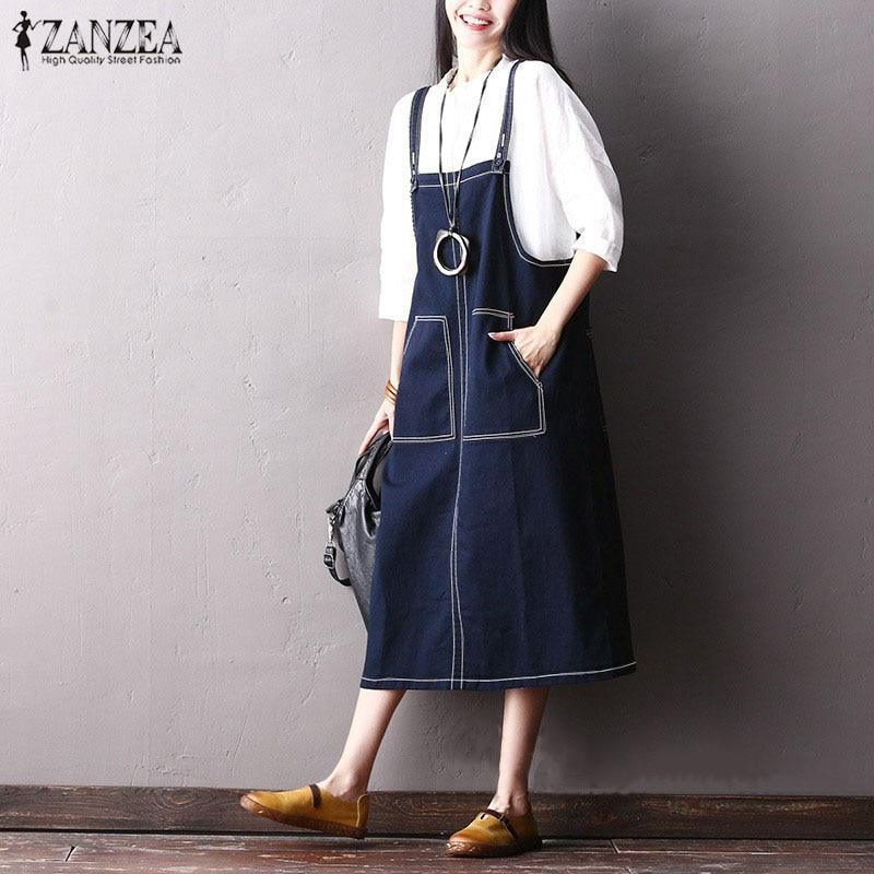 2019 Summer Women Elegant Office Work Denim Blue Dress ZANZEA Casual Loose Pockets Overalls Vestido Beach Robe Femme Plus Size