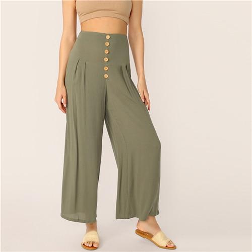 SHEIN Boho Green Buttoned Wide Waistband Pleated Palazzo Pants Women S –  iepx-Niche-WomenClothing