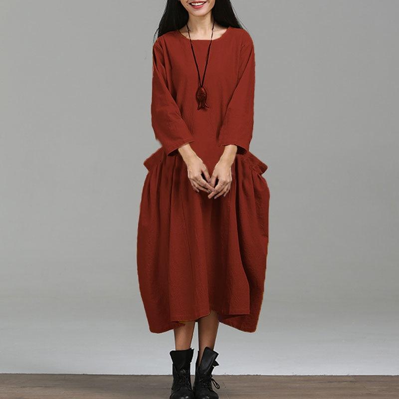 2019 Women Autumn Dress Plus Size Vintage Cotton Dresses Casual Loose O Neck Solid Female Fashion Robe Female Vestido