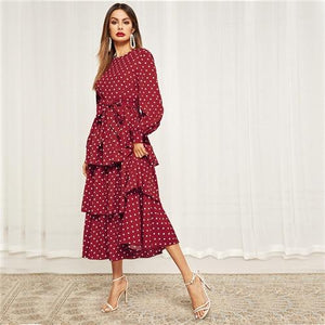 Sheinside Polka Dot Self Belted Layered Hem Dress Women 2019 Elegant Bishop Sleeve Dresses Fit and Flare Layered Maxi Dress