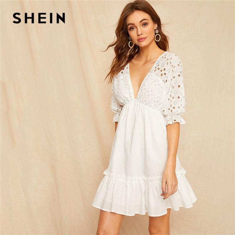 SHEIN Plunging Neck Tie Back Schiffy Bodice Dress Ruffle Hem Half Sleeve A Line Summer Dress 2019 Deep V Neck Women Dresses