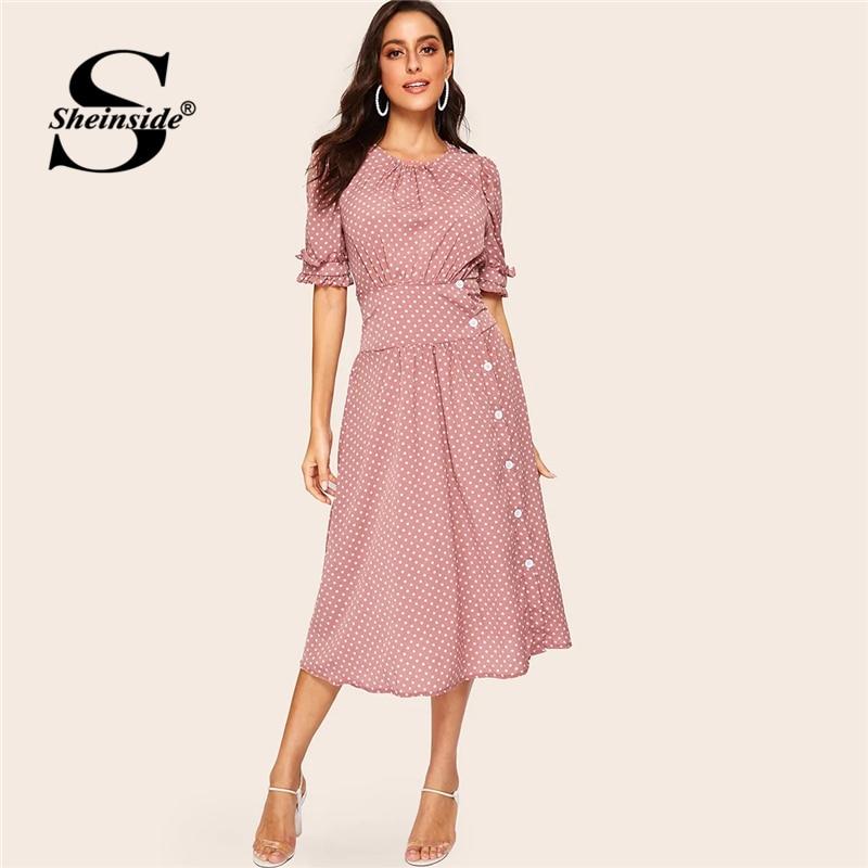 Sheinside Vintage Polka Dot Print Half Sleeve Dress Women 2019 Summer Button Detail A Line Dresses Ladies Puff Sleeve Midi Dress