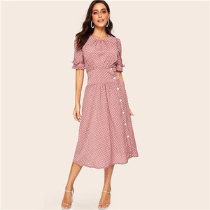 Sheinside Vintage Polka Dot Print Half Sleeve Dress Women 2019 Summer Button Detail A Line Dresses Ladies Puff Sleeve Midi Dress